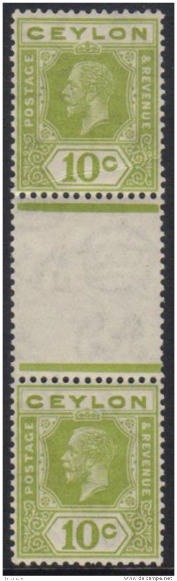 1921-32 10c Sage-green VERTICAL GUTTER PAIR Die I And Die II, SG 346c, Lightly Hinged Mint, The Top Stamp With... - Ceylon (...-1947)