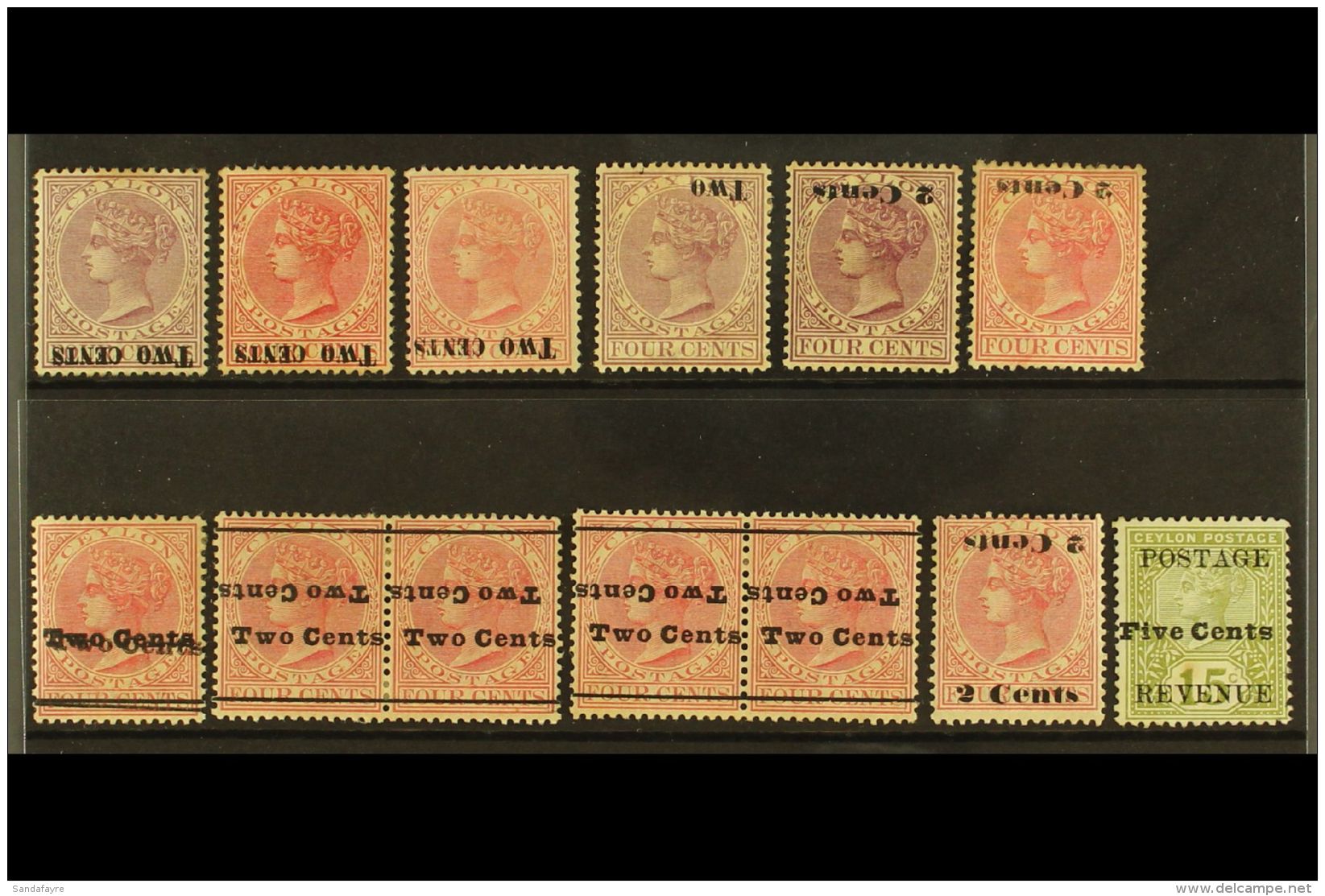 1888-1890 SURCHARGE VARIETIES. 1888-90 2c On 4c With Inverted Surcharges SG 202a, 203a (x2), 204a, 210a &amp;... - Ceylon (...-1947)