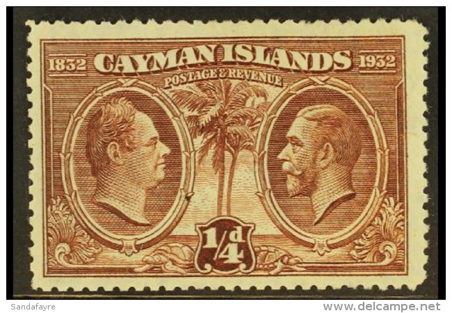 1932 CENTENARY VARIETY &frac14;d Brown, Centenary, Variety "A" Of "CA" Missing From Watermark",  SG 84a, Clearly... - Kaimaninseln