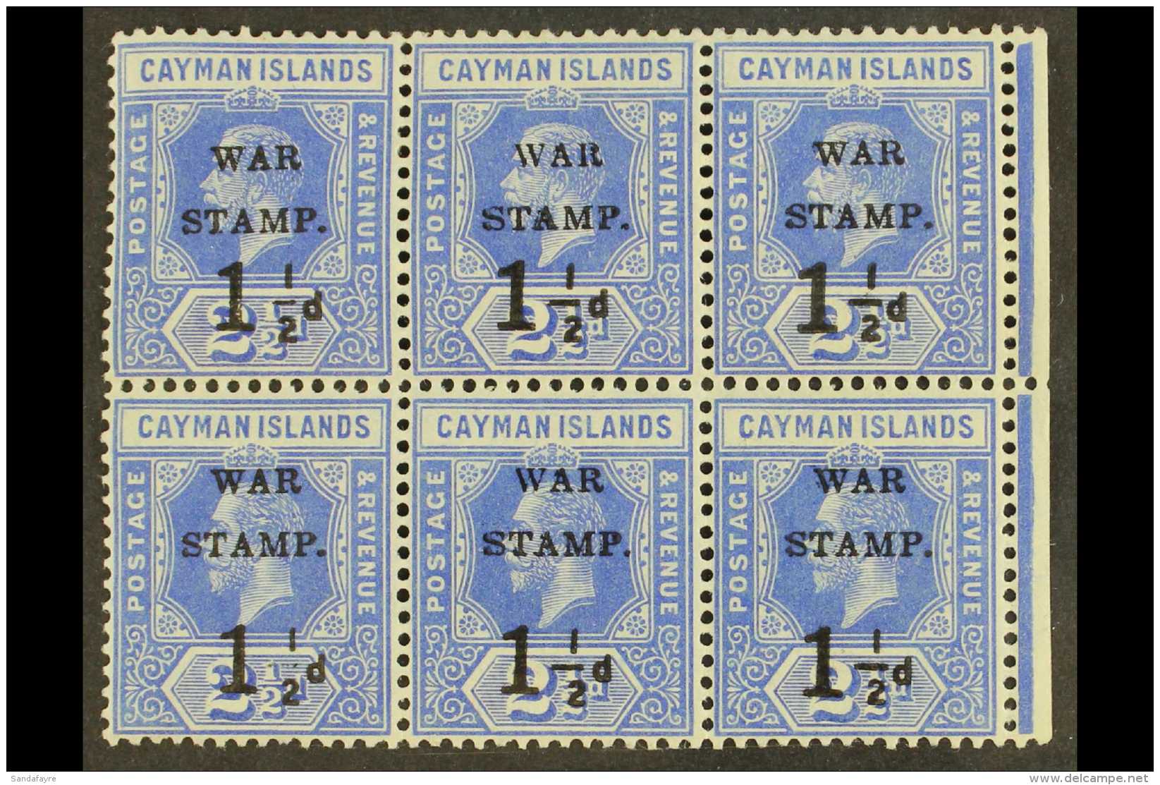 1917 War Stamp 1&frac12;d On 2&frac12;d Deep Blue, SG 53, Very Fine Mint BLOCK OF SIX (3 X 2), The Lower Left... - Kaimaninseln