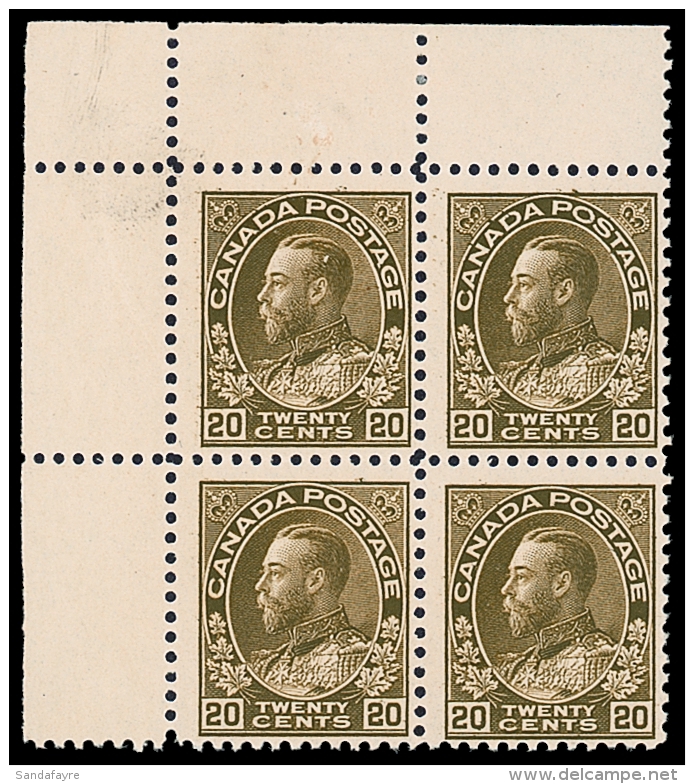 1912 20c Sage Green, Wet Printing, Unitrade 119b, Fine Mint CORNER BLOCK 4 From The Top Left Position, 2 Stamps... - Andere & Zonder Classificatie