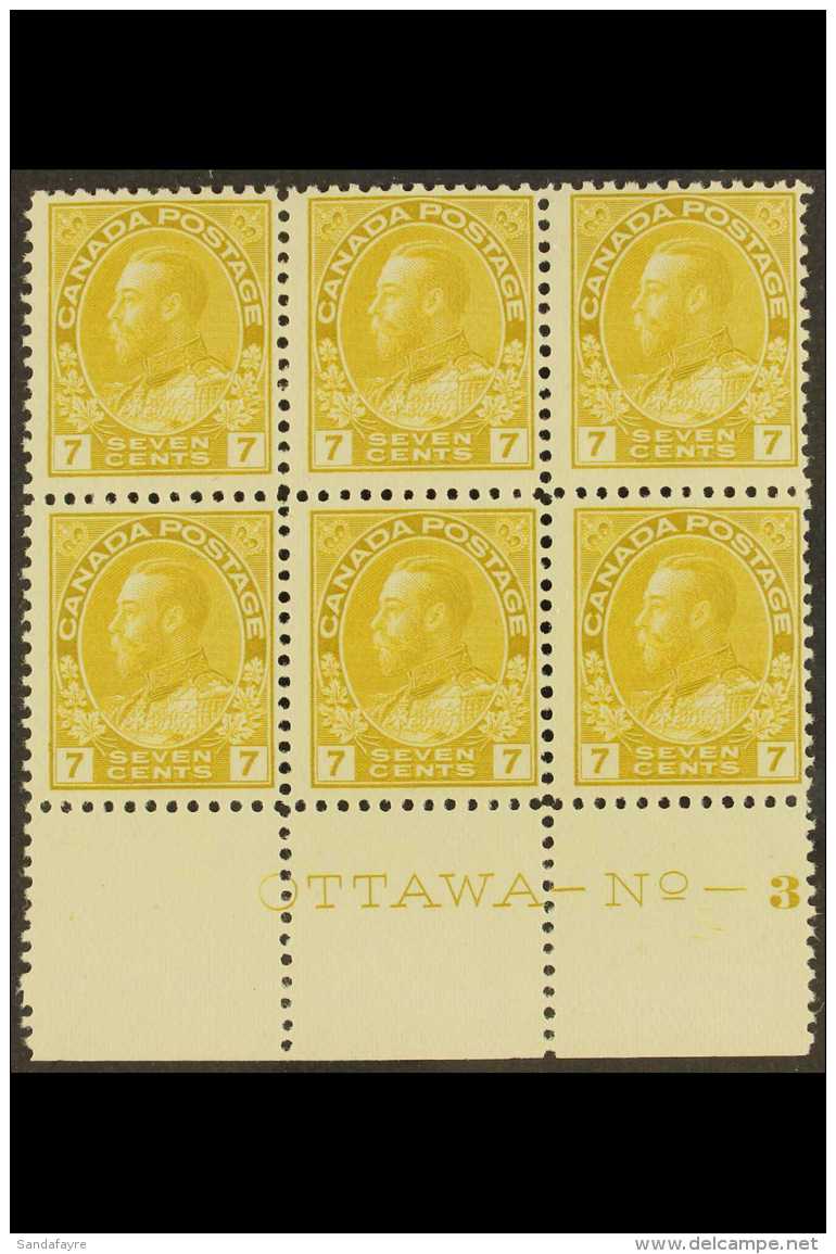 1911-22 7c Olive-yellow Admiral, SG 209, Very Fine Mint/ Never Hinged Mint Imprint Block Of 6 With "OTTAWA - No-3"... - Andere & Zonder Classificatie