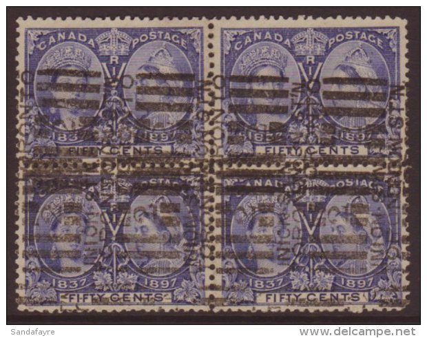 1897 50c Bright Ultramarine, Jubilee, SG 135, Used Block Of 4 With Light Roller Cancels. Scarce Item (1 Block Of... - Sonstige & Ohne Zuordnung