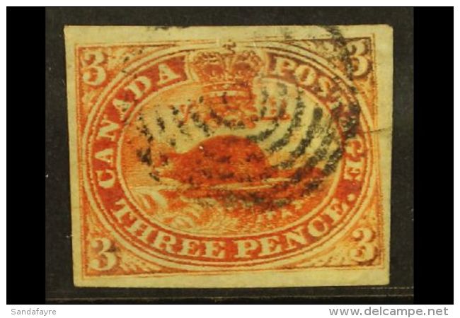 1852 3d Scarlet Vermilion On Handmade Paper, SG 7, Very Fine Used With Large Margins All Round And Neat Concentric... - Andere & Zonder Classificatie