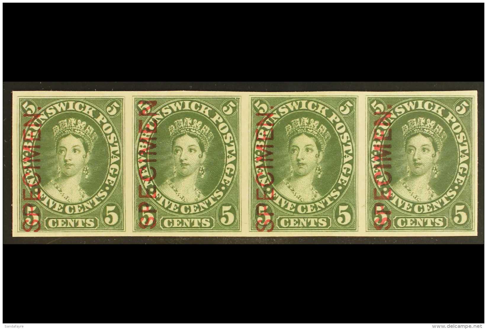 1860 5c Green IMPERF PROOF STRIP OF FOUR On Thick Card With "SPECIMEN" Overprint Types B, D, B &amp; C In Red. A... - Andere & Zonder Classificatie