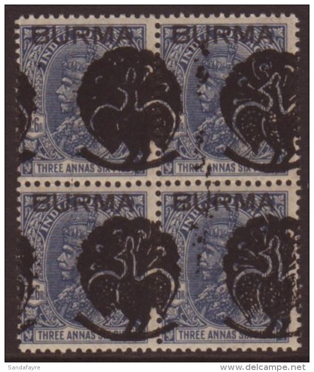 1942 3&frac12;a Deep Blue "Myaungmya" Peacock Overprint, SG J2 , An Impressive NHM Marginal Block Of Four, Showing... - Burma (...-1947)