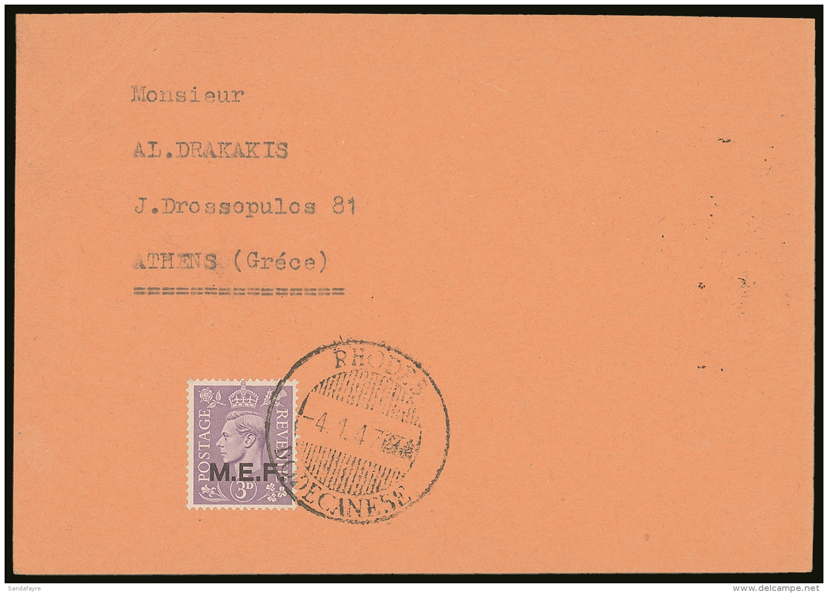 MEF (AEGEAN ISLANDS CARD) 1943-47 3d Pale Violet, Sass 9, Very Fine Used On Card Used To Athens, Tied By RHODES /... - Italiaans Oost-Afrika