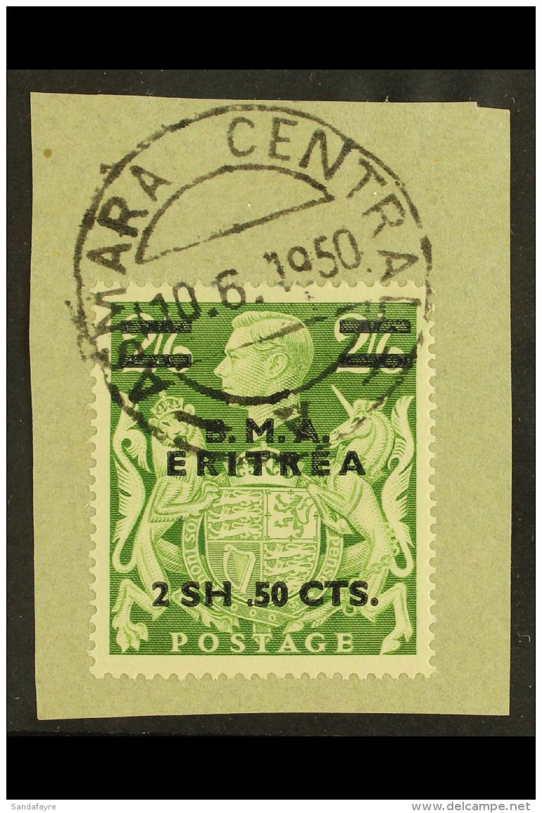 ERITREA 1948 2s 50c On 2s 6d Green, Variety "Misplaced Stop", SG E10a, Superb Used On Piece With Asmara Cds... - Italienisch Ost-Afrika