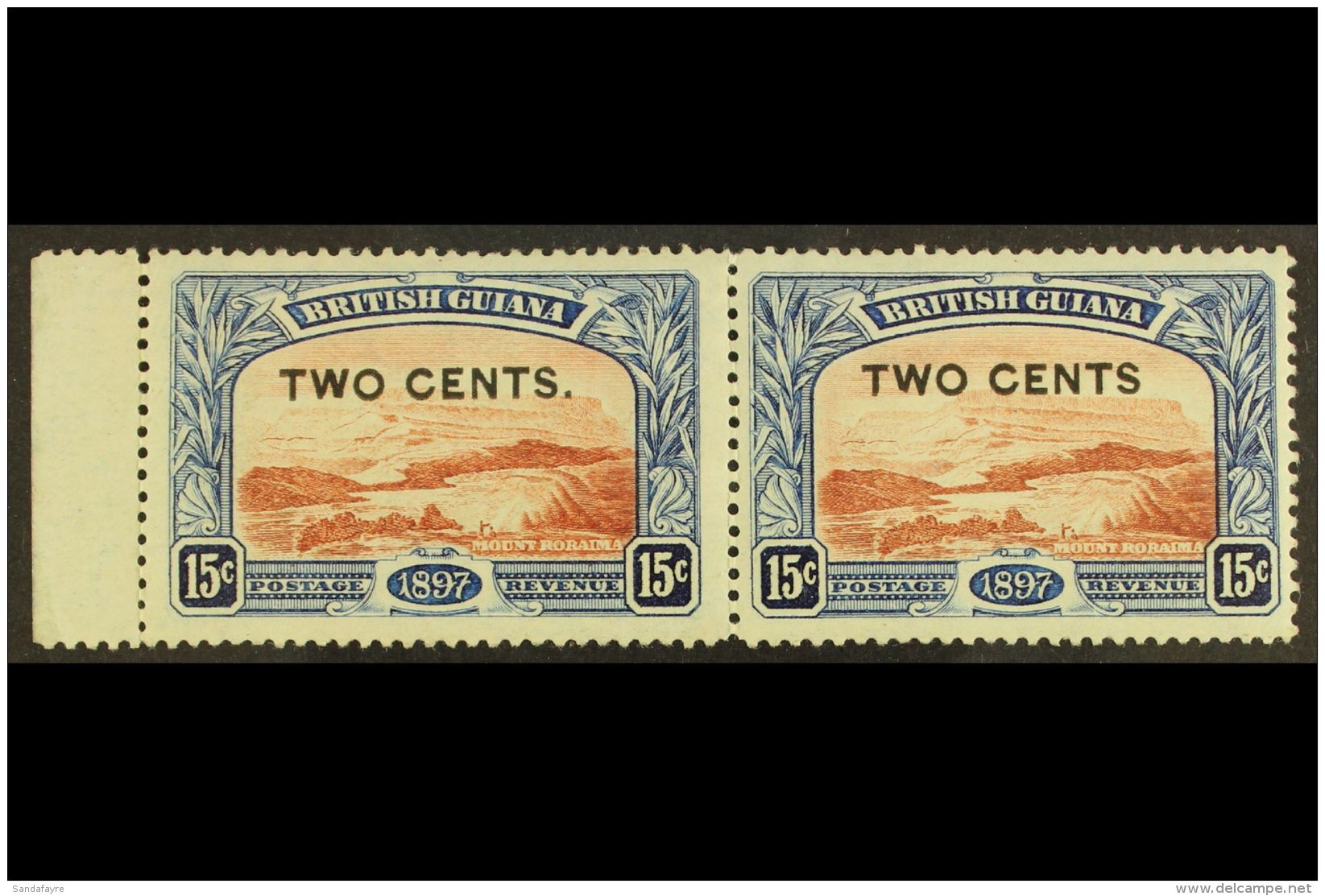1899 2c On 15c Red Brown &amp; Blue, "No Stop After Cents" Variety In Marginal Pair With Normal, SG 224/224a, Very... - Brits-Guiana (...-1966)