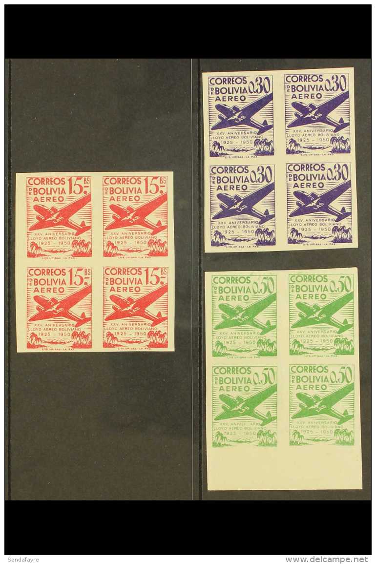 1950 30c, 50c &amp; 15b Air Lloyd Aero Boliviano Anniv Never Hinged Mint IMPERF BLOCKS Of 4 (as Scott C131/32... - Bolivien