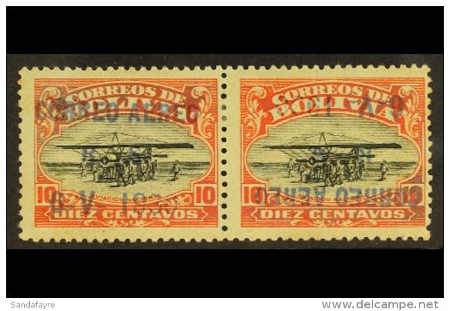 1930 10c Vermilion &amp; Black Air Graf Zeppelin "Correo Aereo" Horizontal PAIR ONE WITH INVERTED OVERPRINT... - Bolivië