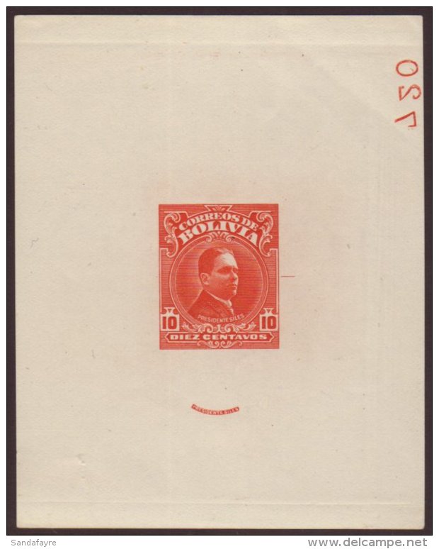 1928 IMPERF DIE PROOF For The 10c Hernando Silles Issue (Scott 190) Printed In Vermilion On Thin Ungummed Paper,... - Bolivien