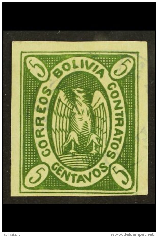 1867-68 1867-68 5c Yellow-green Condor Thick Paper (Scott 1e, SG 1), Very Fine Used With Faint Oval "PAZ DE... - Bolivien