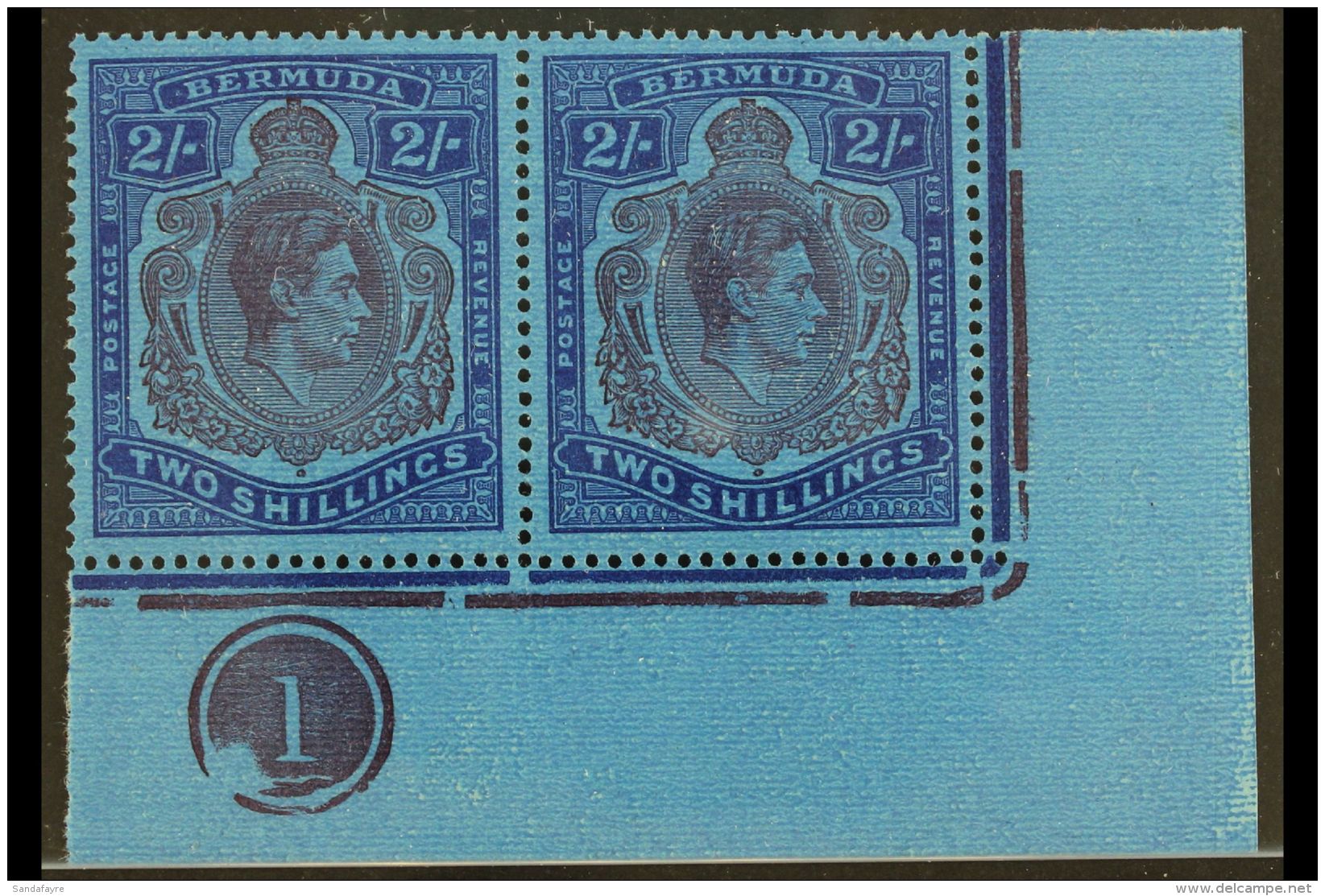 1942 2s Purple And Blue / Deep Blue Pair From The Lower- Right Corner With Plate Number. Position 60 With BROKEN... - Bermuda