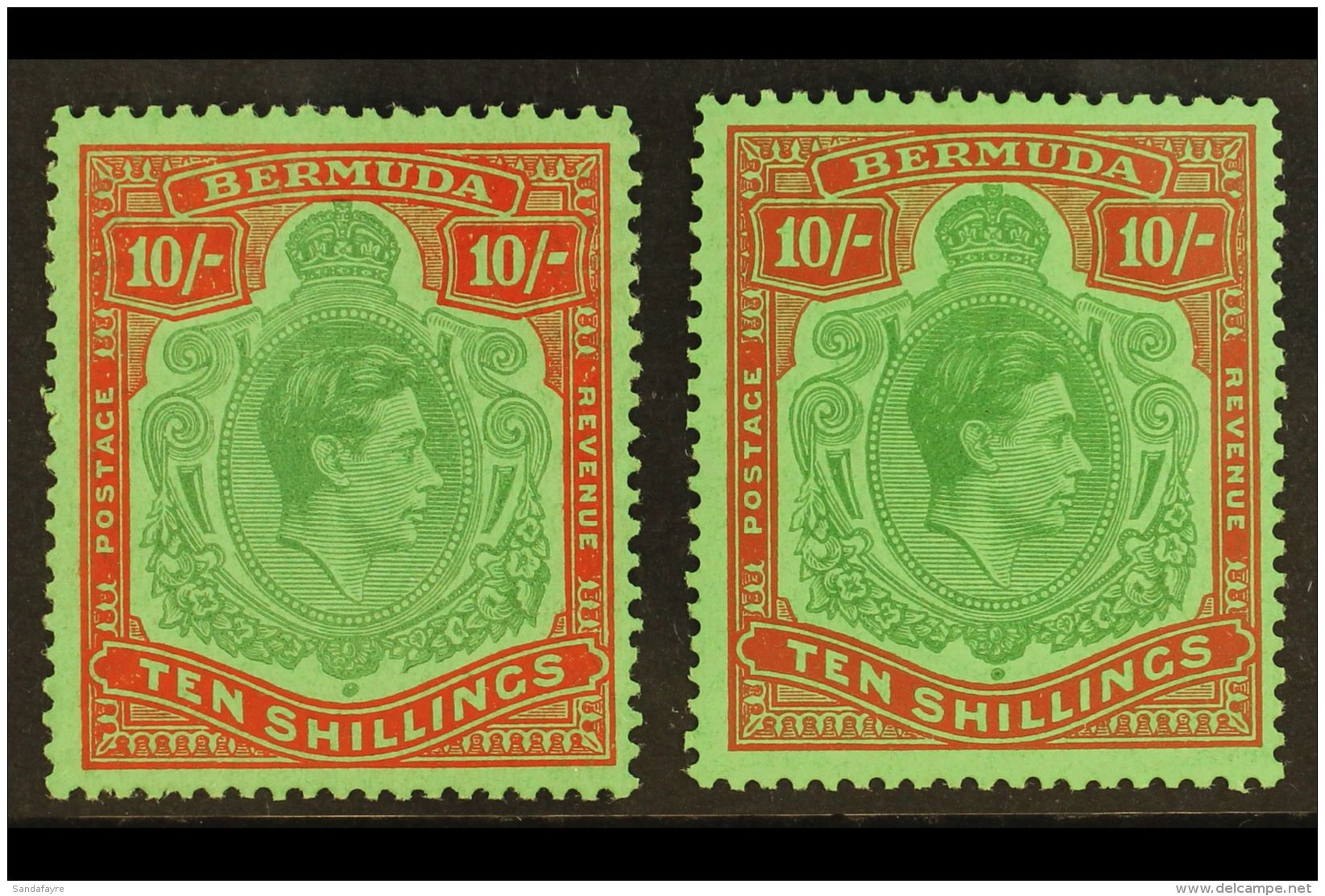 1938-53 10s Green &amp; Vermilion On Green And 10s Green &amp; Dull Red On Green Both Perf 13 Ordinary Paper KGVI... - Bermuda