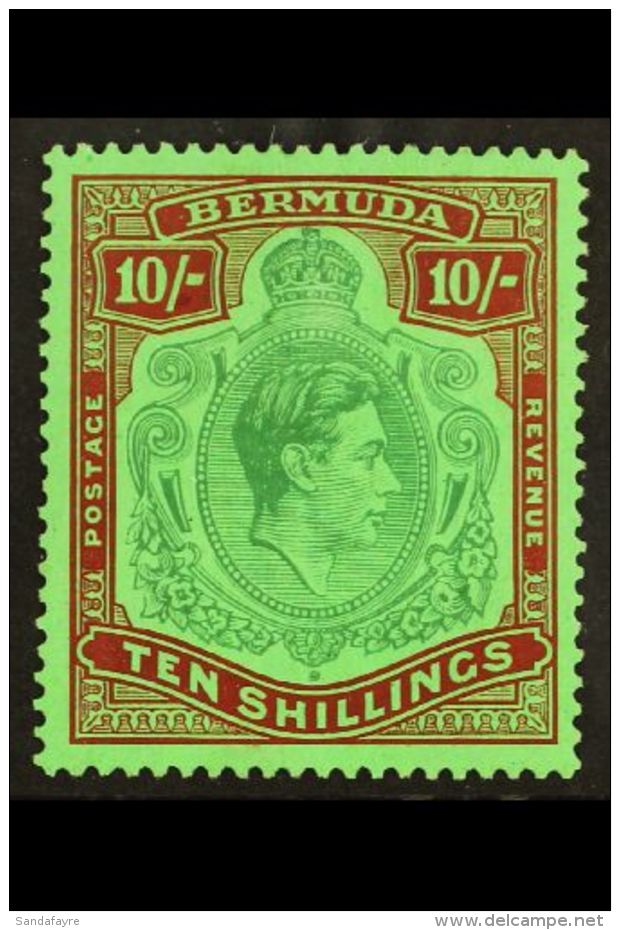 1938-53 10s Green &amp; Deep Lake On Pale Emerald KGVI Key Plate Perf 14 Chalky Paper, SG 119, Very Fine Mint,... - Bermuda