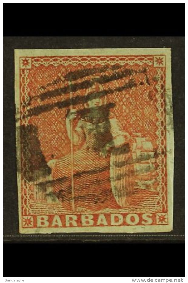 1852 (4d) Brownish Red, SG 5, Very Fine Used With Good Margins All Round And Neat Central Barred "1" Cancel. For... - Barbades (...-1966)