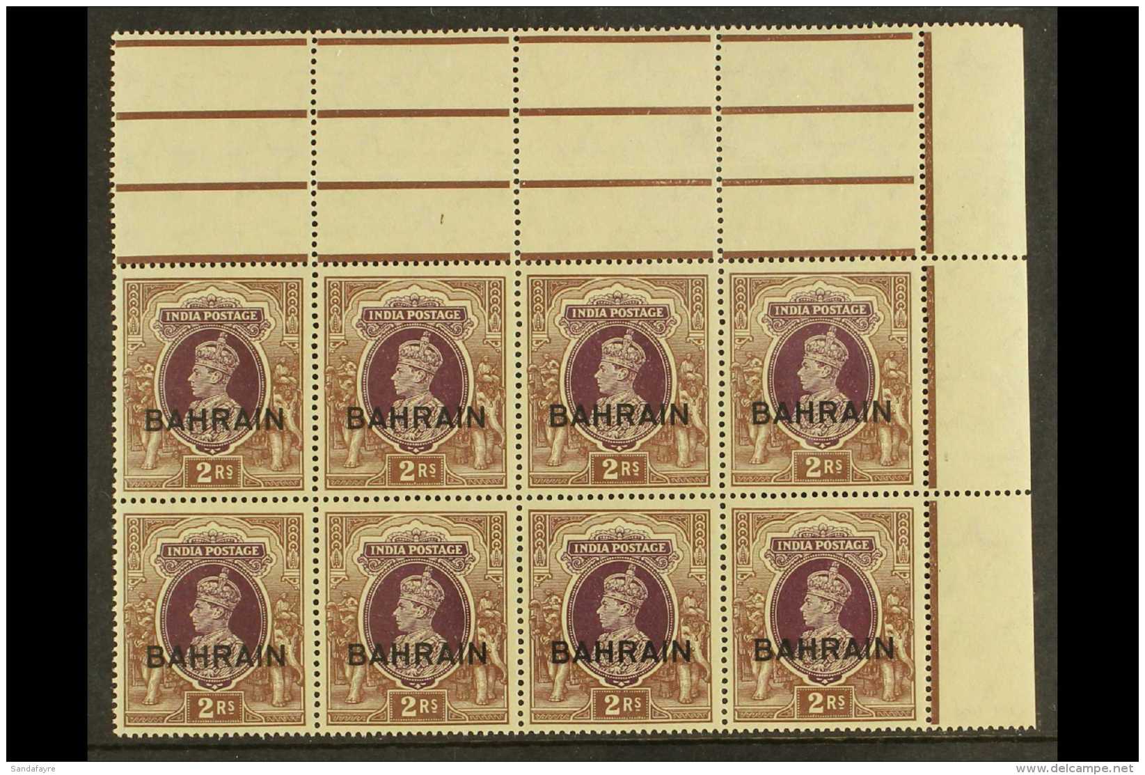 1938-41 2r Purple &amp; Brown Overprint, SG 33, Very Fine Never Hinged Mint Corner BLOCK Of 8 With Gutter At Top,... - Bahrein (...-1965)