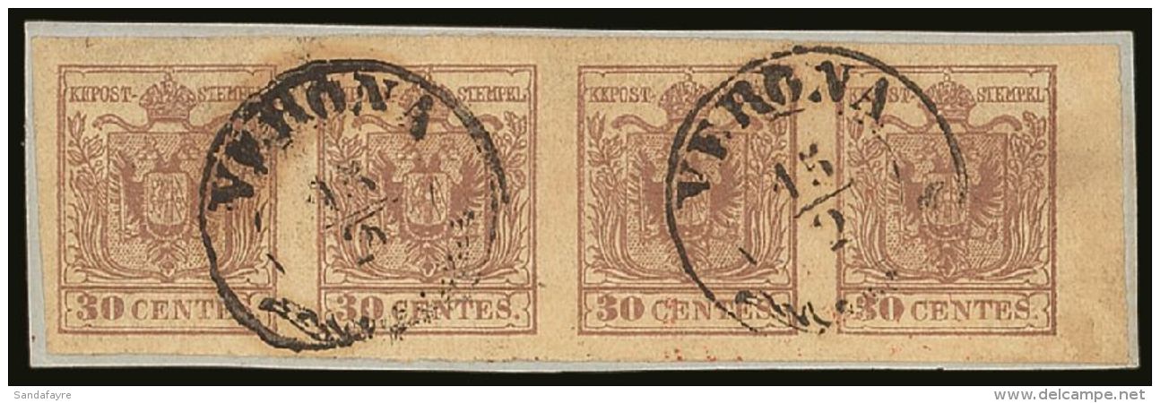 LOMBARDY VENETIA 1850 30c Brown On Machine-made Paper, Sass 21, (Mi 4y), Superb Marginal Horizontal Strip Of 4,... - Sonstige & Ohne Zuordnung