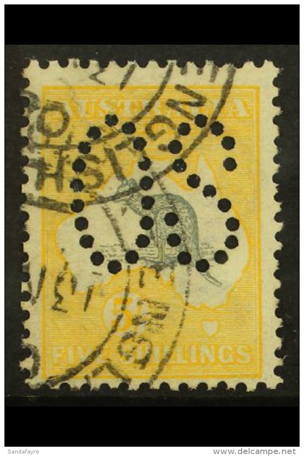 OFFICIAL 1913 5s Grey And Yellow Punctured "OS", SG O12, Used With Double- Ring Cds's, Short Internal Tear. Rare,... - Sonstige & Ohne Zuordnung