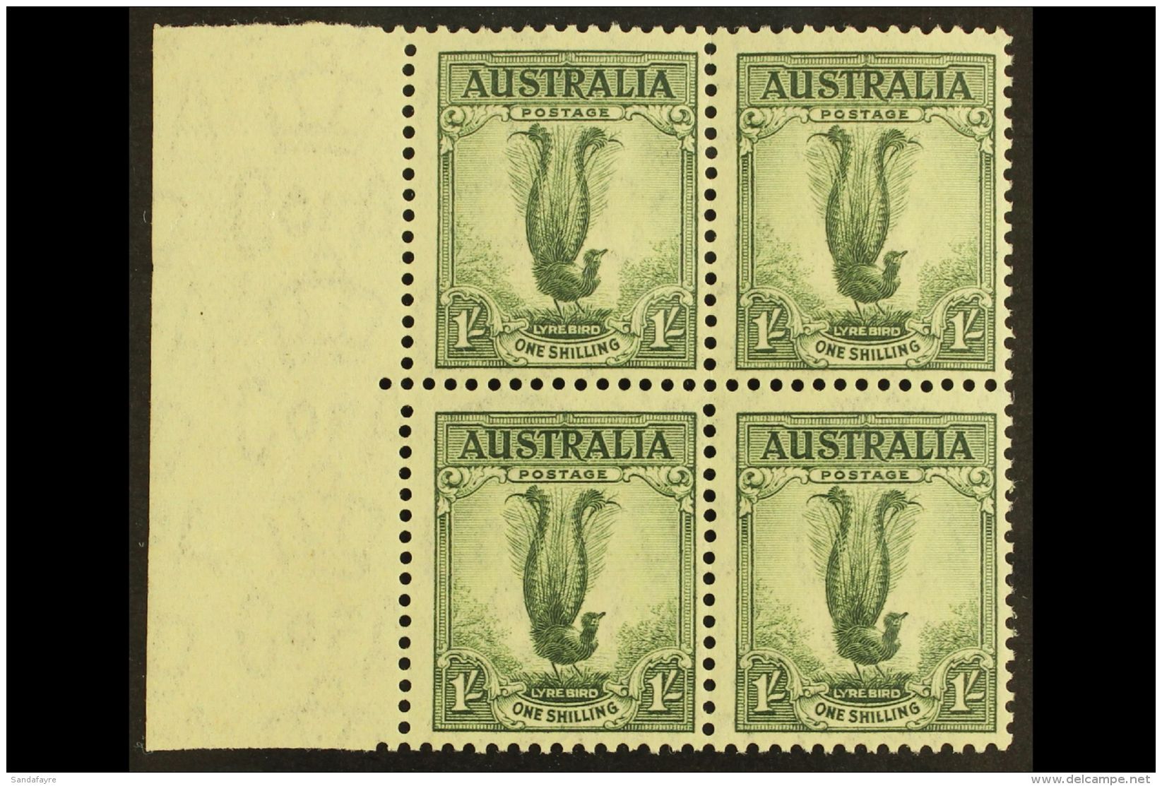 1937 Definitive 1s Grey-green Superb Lyrebird, Perf 13&frac12;x14, SG 174, Never Hinged Mint Marginal BLOCK OF... - Andere & Zonder Classificatie