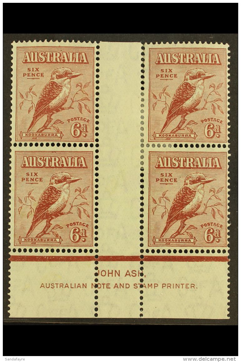 1932 6d Red-brown Kookaburra, SG 146, JOHN ASH Imprint Gutter Block Of Four From Plate 2, BW Spec 150za, Very Fine... - Andere & Zonder Classificatie