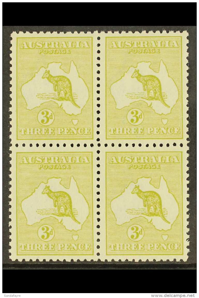 1915 3d Yellow- Olive Die I, Narrow Crown Wmk, SG 37, Superb Never Hinged Mint BLOCK OF FOUR. Lovely Centering.... - Sonstige & Ohne Zuordnung