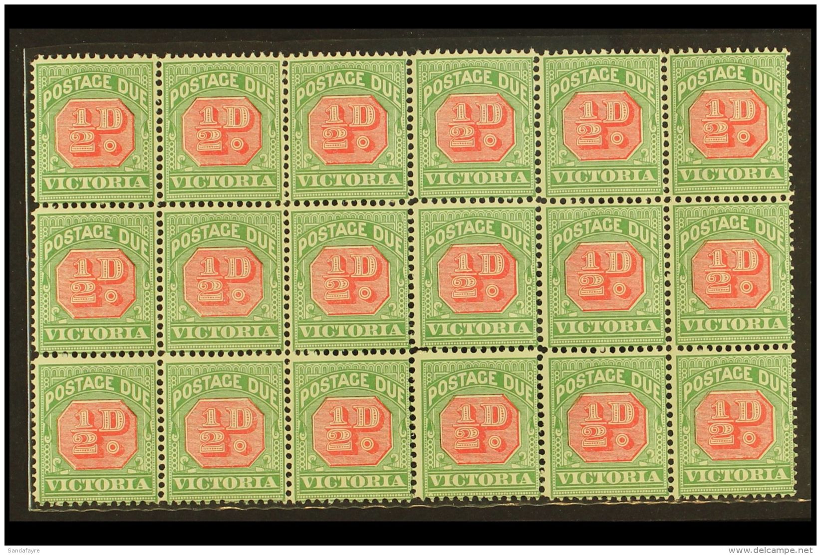 VICTORIA POSTAGE DUE 1895-6 &frac12;d Pale Scarlet &amp; Yellow-green, SG D11a, Block Of 18, Largely Never Hinged... - Andere & Zonder Classificatie