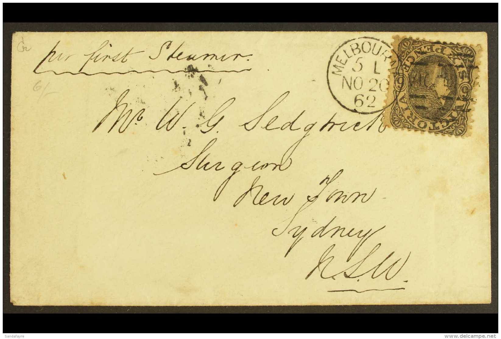 VICTORIA 1862 (20 Nov) Envelope To Sydney, NSW Bearing 1862 6d Grey-black, (SG 106a) Tied By Neat Melbourne Date... - Andere & Zonder Classificatie