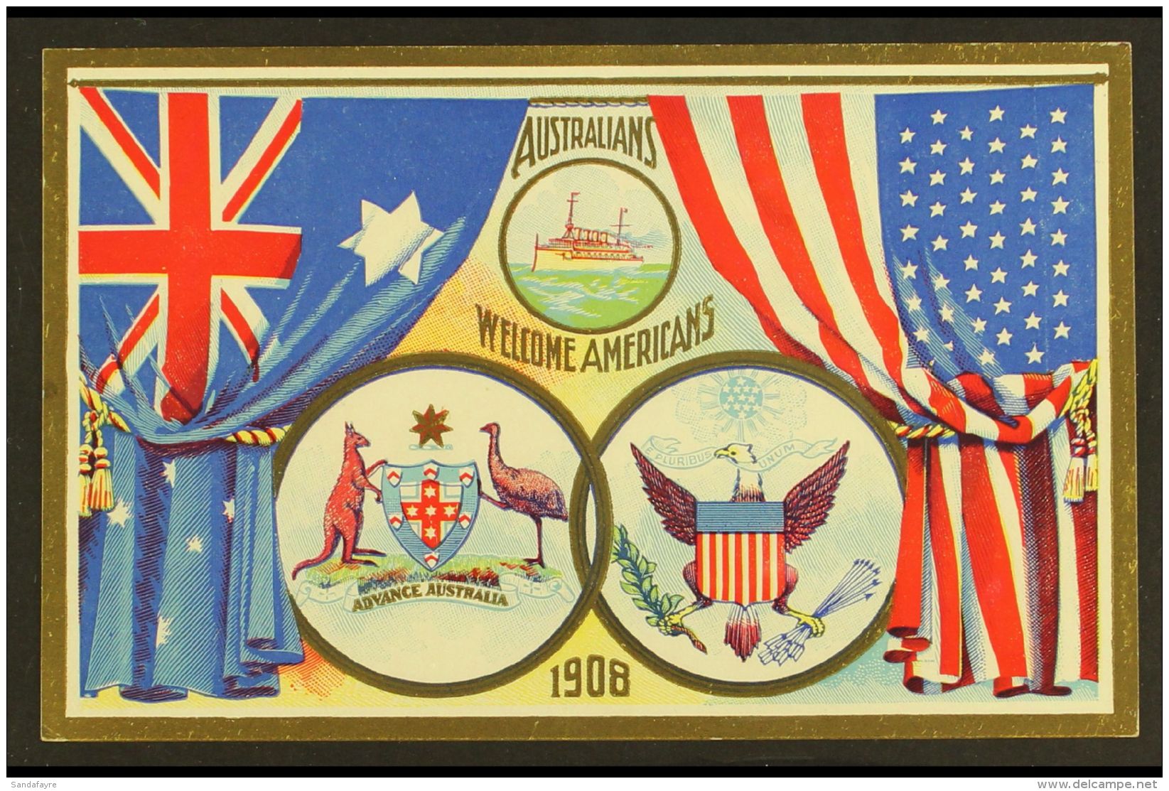 NEW SOUTH WALES 1908 1&frac12;d Blue On White POSTAL CARD With Multicoloured Picture "AUSTRALIANS WELCOME... - Andere & Zonder Classificatie