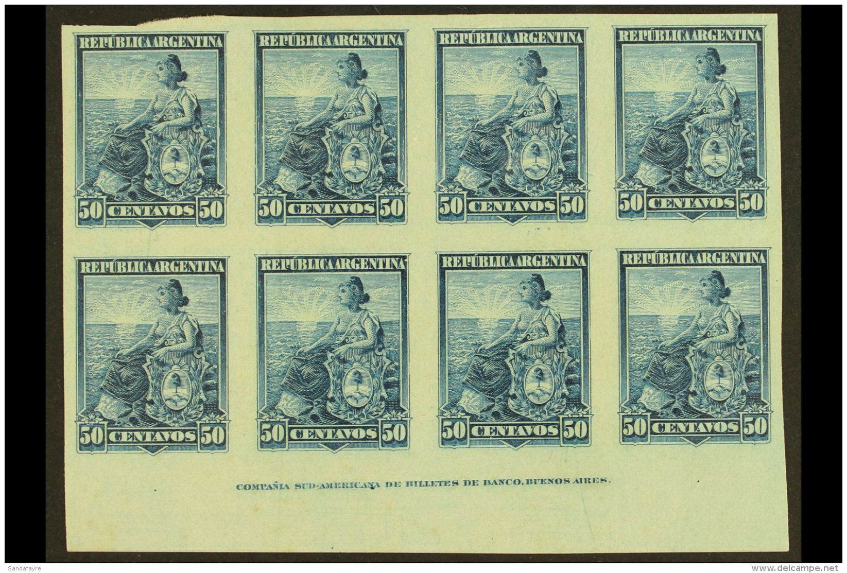 1899-1903 50c Bright Blue Liberty Seated IMPERF PLATE PROOFS IMPRINT BLOCK Of 8 (Scott 138, SG 237), Very Fine... - Autres & Non Classés