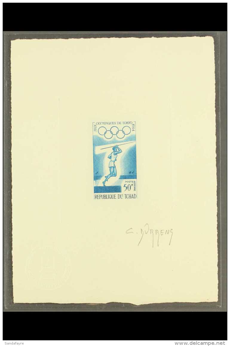 OLYMPICS Chad 1964 50f Olympic 'Javelin' Air (as SG 121) DIE PROOF Printed In Blue On Thin Card &amp; Signed By... - Ohne Zuordnung