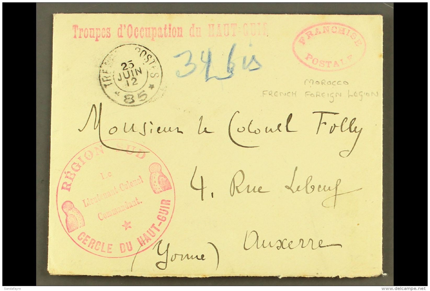 BIRDS FOREIGN LEGION IN MOROCCO 1912 (25 Jun) Stampless Env To France Bearing A Delightful Array Of Military... - Zonder Classificatie