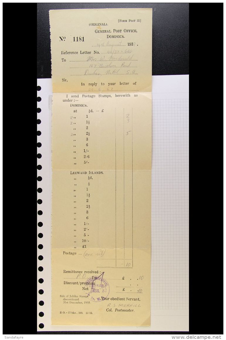 COLONIAL STAMP ORDERING EPHEMERA 1937 Stamp Orders To A Client In South Africa From Colonial Postmasters In... - Andere & Zonder Classificatie