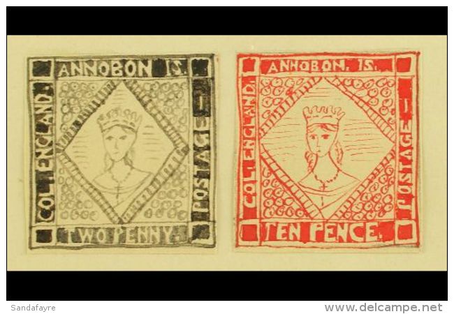 1861 HAND PAINTED STAMPS - ANNOBON Unique Miniature Artworks Created By A French "Timbrophile" In 1861. Two... - Sonstige & Ohne Zuordnung