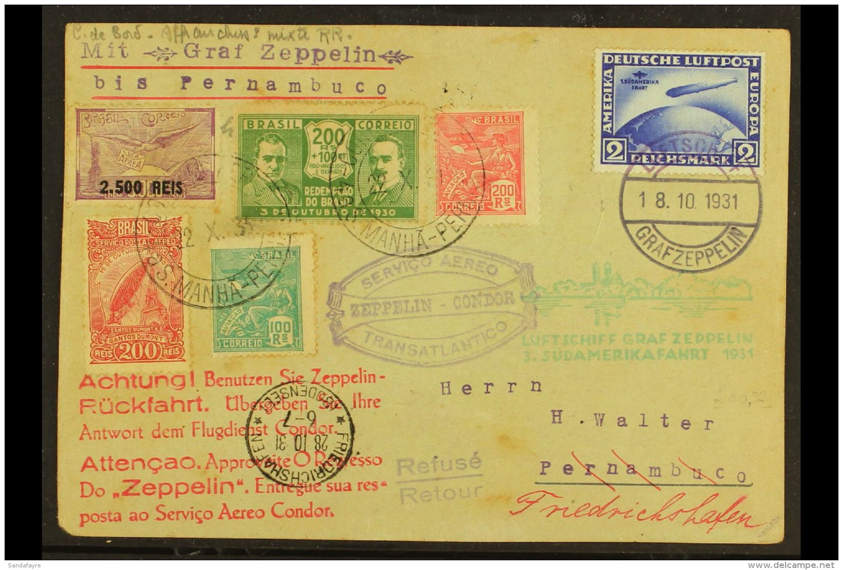 1931 GRAF ZEPPELIN 3RD SOUTH AMERICA FLIGHT 1931 (18-28 October) Friedrichshafen Round Trip Card Bearing A Mixed... - Autres & Non Classés