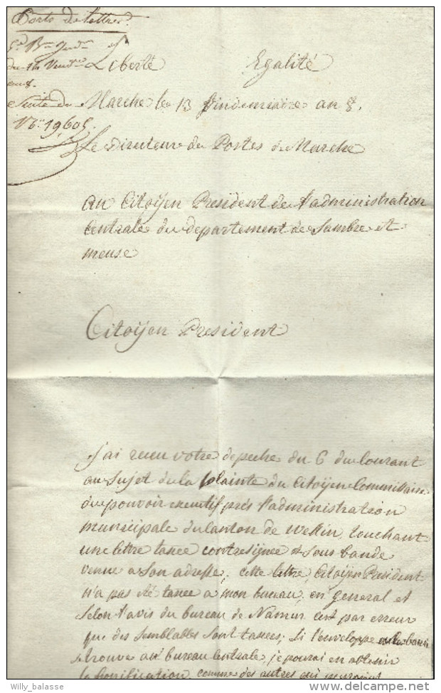 Document De Marche An 8 Du Directeur Des Postes. Texte Sur Sur Une Lettre Taxée - 1794-1814 (French Period)