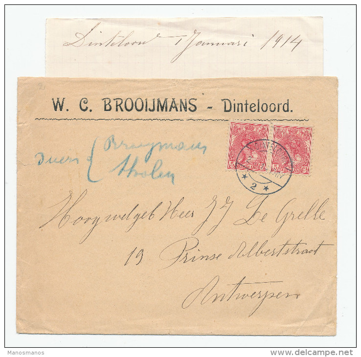 623/24 - NETHERLANDS Franked Cover DINTELOORD 1914 To Belgium - SUPERB BERGEN OP ZOOM Label On Backside - Lettres & Documents