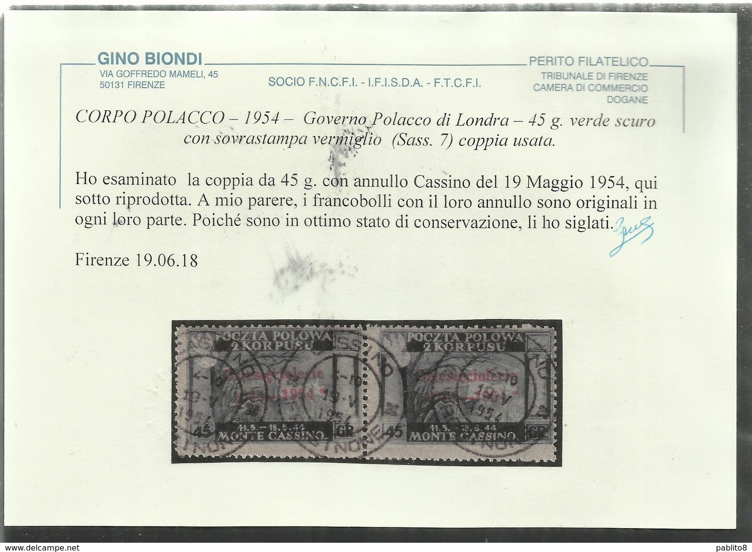 CORPO POLACCO POLISH BODY LONDON 1954 GOVERNO DI LONDRA 45 G COPPIA USATA PAIR USED OBLITERE' CERTIFICATO - 1946-47 Période Corpo Polacco