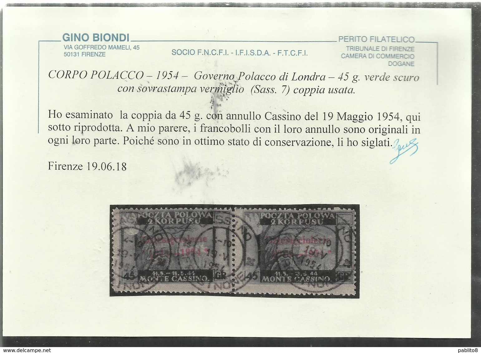 CORPO POLACCO POLISH BODY LONDON 1954 GOVERNO DI LONDRA 45 G COPPIA USATA PAIR USED OBLITERE' CERTIFICATO - 1946-47 Corpo Polacco Periode