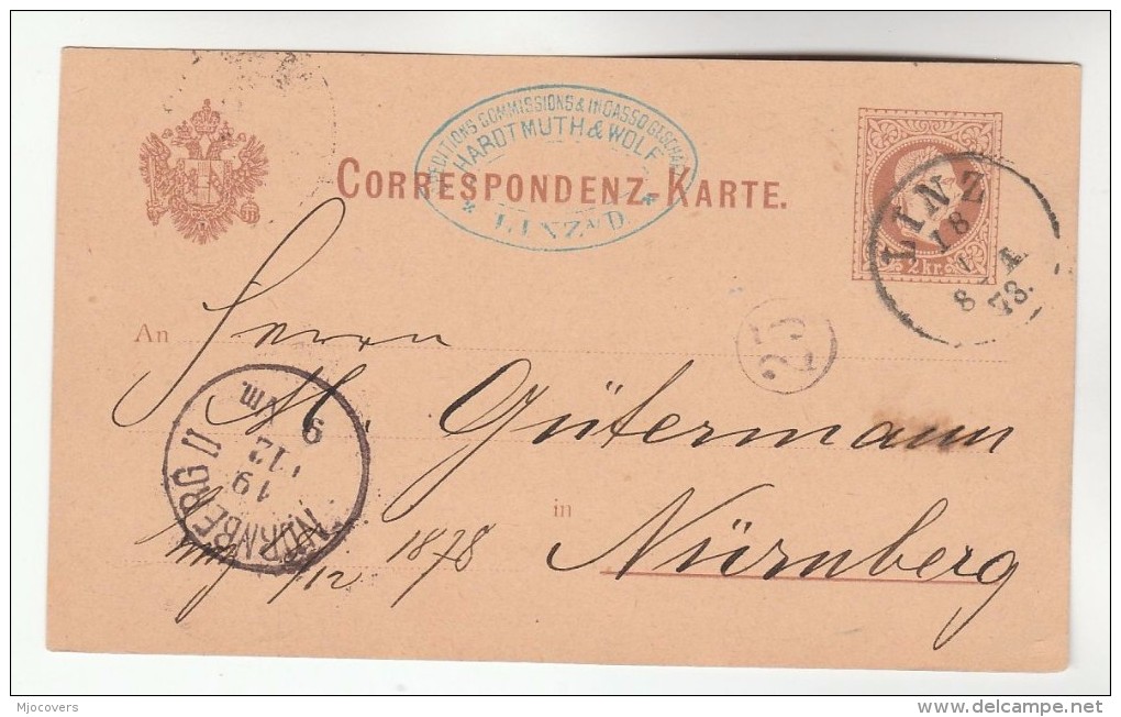 1878 Linz AUSTRIA Postal STATIONERY CARD  To Nurnberg GERMANY Stamps Cover - Otros & Sin Clasificación