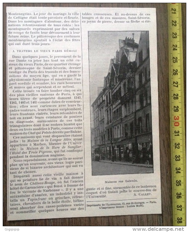 DOCUMENT ANNEES 1900 LE VIEUX PARIS DEMOLI SAINT SEVERIN MAISON DU CHAT QUI PELOTE RUE GALANDE - Non Classés