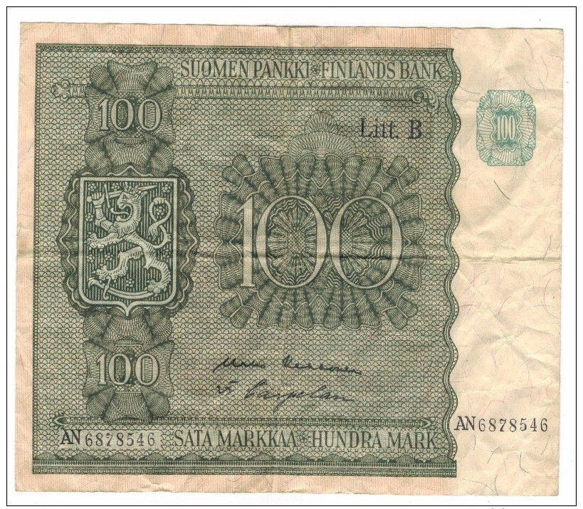 Finland 100 Mk. 1945, VF . Free Ship. To USA. - Finland