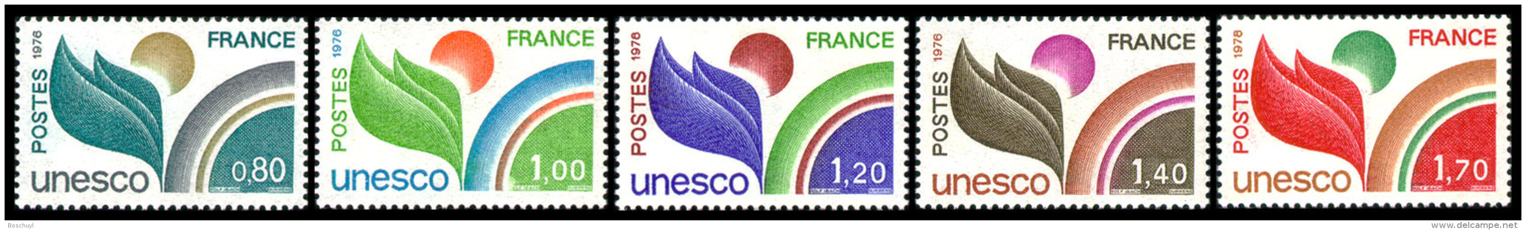 France, UNESCO, United Nations, Nations Unies, 1976-78, MNH, Michel 16-20 - Andere & Zonder Classificatie