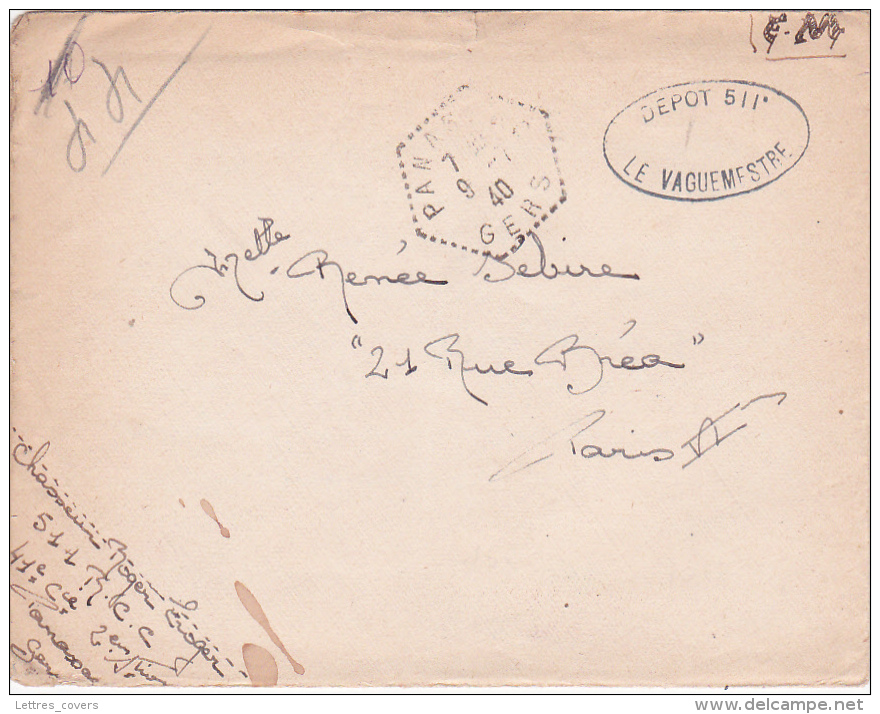 Lettre FM CHASSEUR DEPOT 511 RCC Obl " PANASSAC GERS 9/7/40 " AVEC CORRESPONDANCE - AGENCE POSTALE - WW2 - Guerre Mondiale (Seconde)