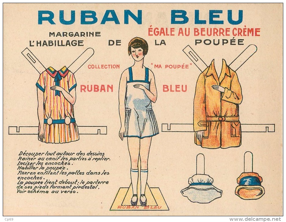 Carton Publicitaire Ruban Bleu Margarine Egale Au Beurre Crème Collection Ma Poupée L'Habillage De La Poupée à Découper - Advertising