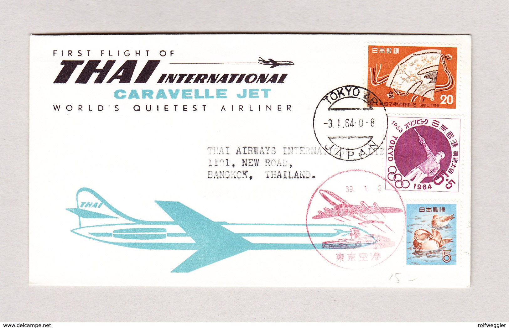 JAPAN  TOKYO 3.1.1964 Erstflug THAI INTERNATIONAL CARAVELLE JET Nach Bangkok Thailand - Luftpost