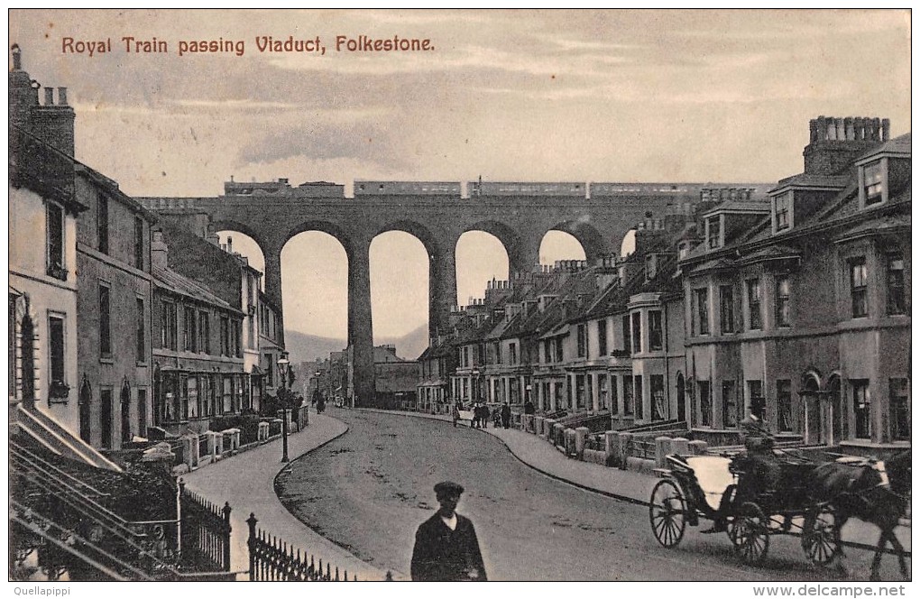 04737 "ROYAL TRAIN PASSING VIADUCT - FOLKESTONE" ANIMATA, TRENO, CARROZZA CON CAVALLO. CART SPED 1912 - Folkestone