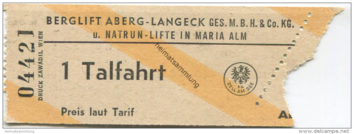 Berglift Aberg-Langeck Ges.m.b.H. & Co. KG. Und Natrun-Lifte In Maria Alm - Fahrkarte Talfahrt - Europe