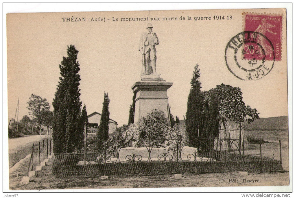 CPA  11  THEZAN        1933  MONUMENT AUX MORTS DE LA GUERRE 1914 1918 - Autres & Non Classés